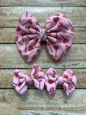 Boutique Heart Lollipop 5" Bow on Clip and Pigtail Bow Set Valentine's Day NWOT